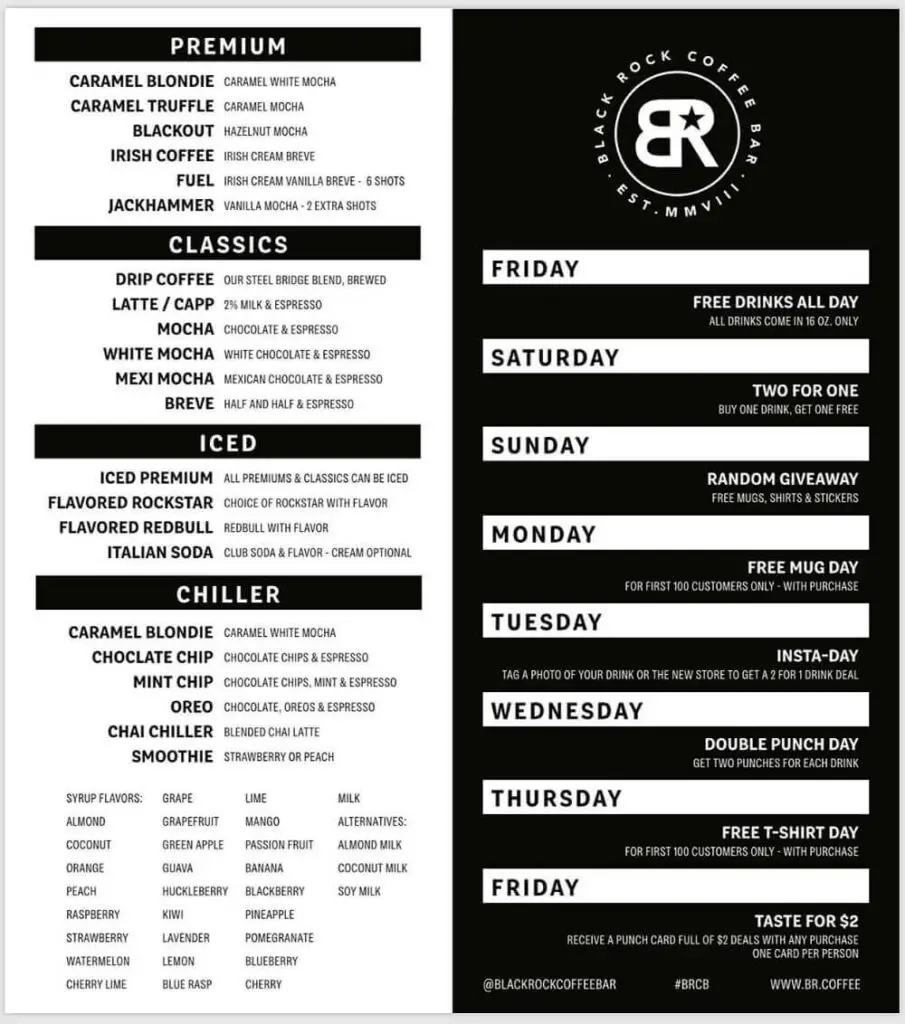 Black Rock coffee bar menu