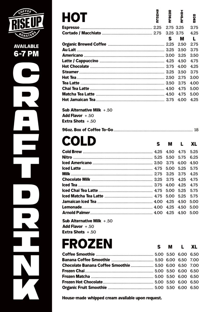 rise coffee menu hot cold frozen drink
