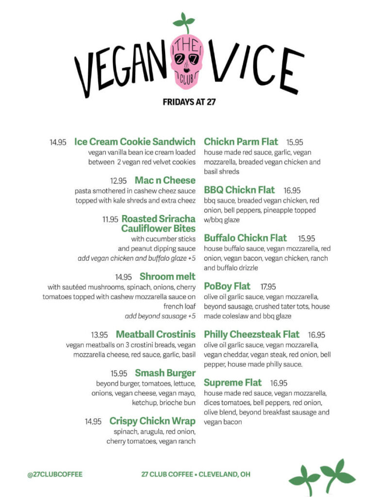 27 club coffee vegan menu