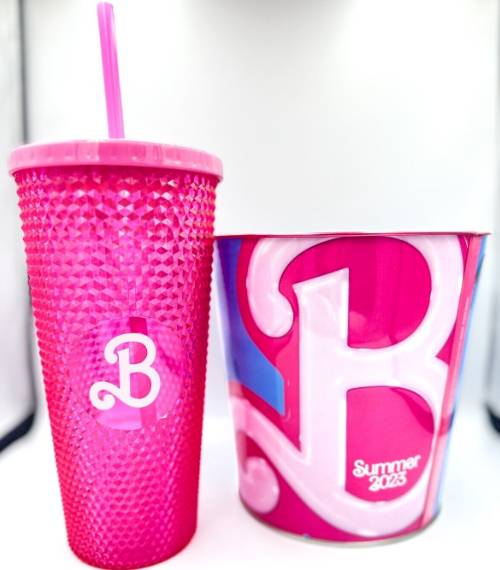 Embossed Tin Popcorn Bucket & Pink Diamond Tumbler Cup Bundle