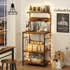 4 Tiers Coffee Bar Shelf with Power Outlet, Rustic Brown