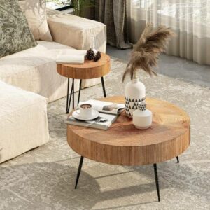 2-Piece Modern Farmhouse Living Room Coffee Table Set, Nesting Table Round Natural Finish with Handcrafted Wood Ring Motif