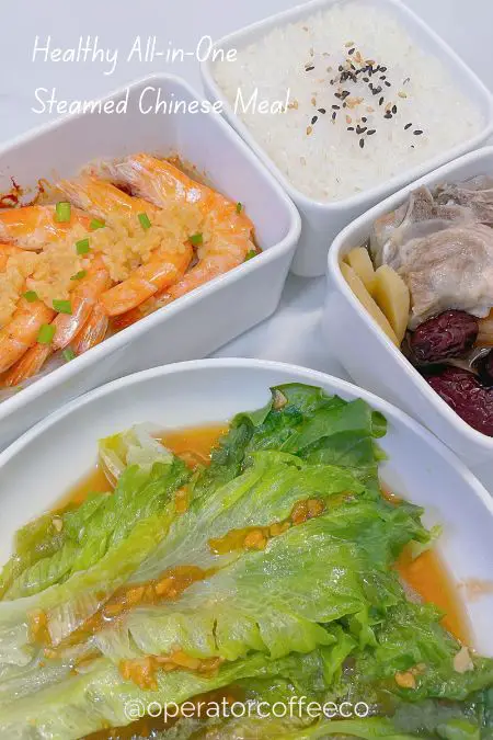 Chinese Steamed Meal for One Vermicelli Shrimp Garlic Oyster Sauce Lettuce Rib Yam Soup Rice pin image