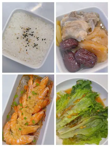 Garlic Vermicelli Shrimp + Garlic Oyster Sauce Lettuce + Pork Rib Yam Soup + Rice
