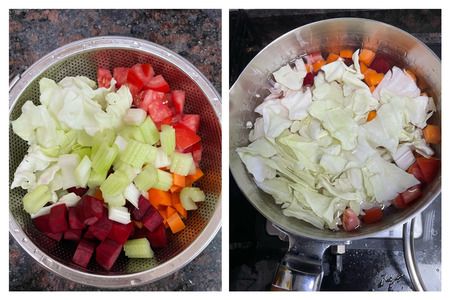Step 3 Toss beet, carrot, tomato, red onion, cabbage, celery water into the pot