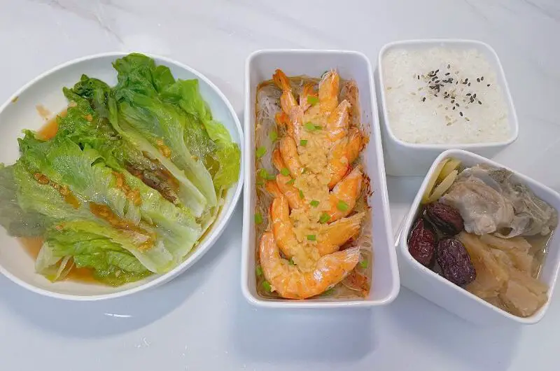 One-Pot Chinese Steamed Meal for One: Garlic Vermicelli Shrimp + Lettuce in Oyster Sauce + Pork Rib Yam Soup + Rice